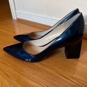 Marc Fisher Zala metallic blue pointed toe block heel pump